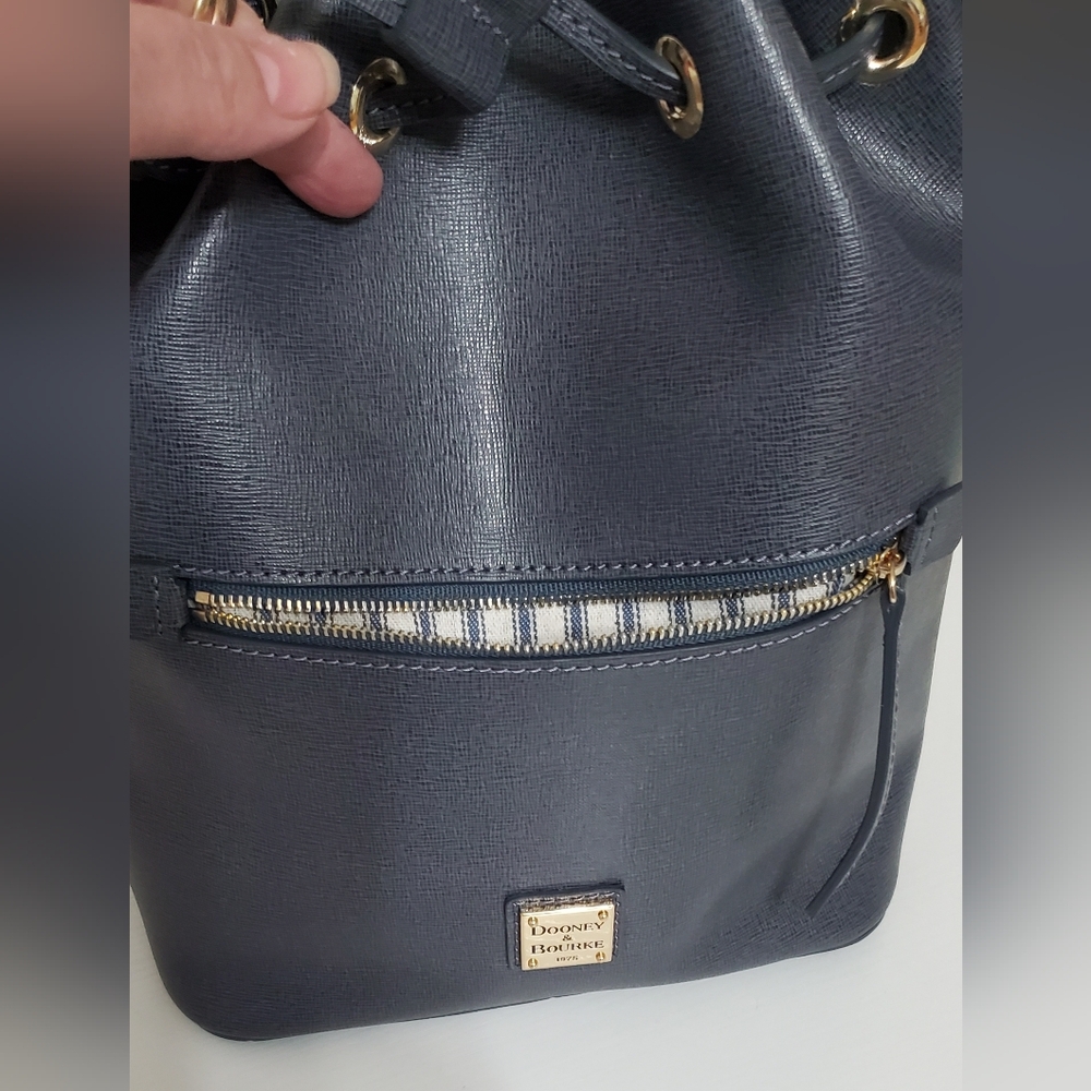 New Dooney & Bourke Dark Gray Saffiano Leather Drawstring Bucket Bag - Picture 5 of 11